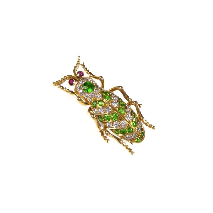 Antique demantoid garnet, diamond, ruby and gold beetle brooch